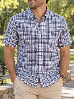 Croft & Barrow Men’s Large Plaid Short Sleeve Button Down Shirt Blue Pink